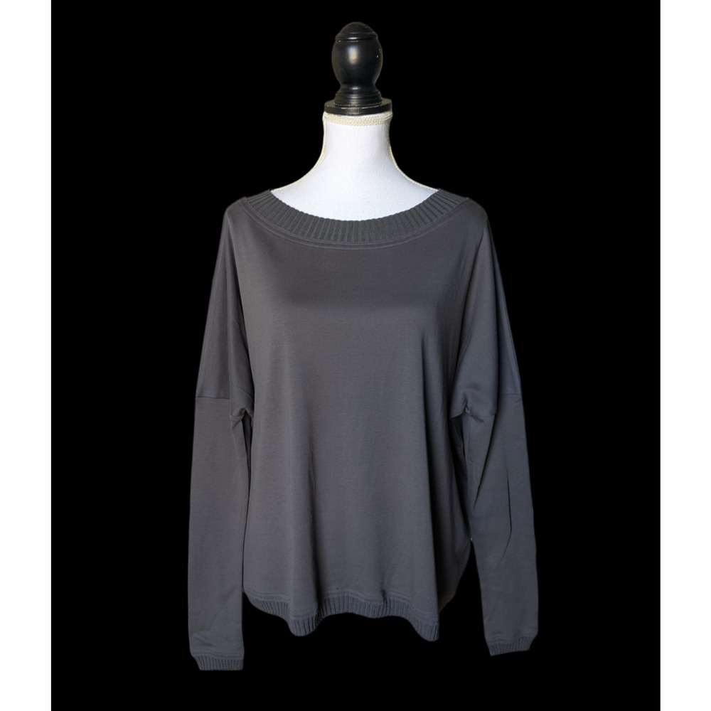 Planet Lauren G Gray Oversized Knit Collar Pima Cotton Modal T Shirt OSFM
